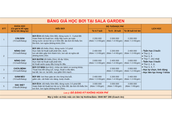 Bảng báo giá dịch vụ dạy bơi tại Sala Garden Bienhoa